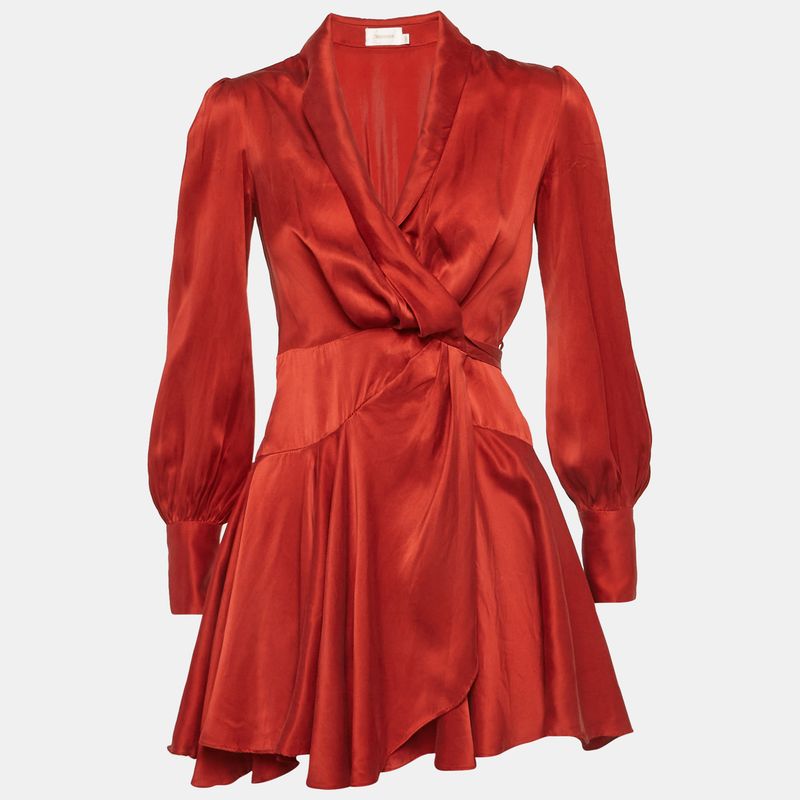 Zimmermann Red Satin Ruffle Wrap Mini Dress Xs